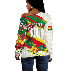 Personalized Ghana Football Off Shoulder Sweater Soccer Player Kick - Floral Hibiscus