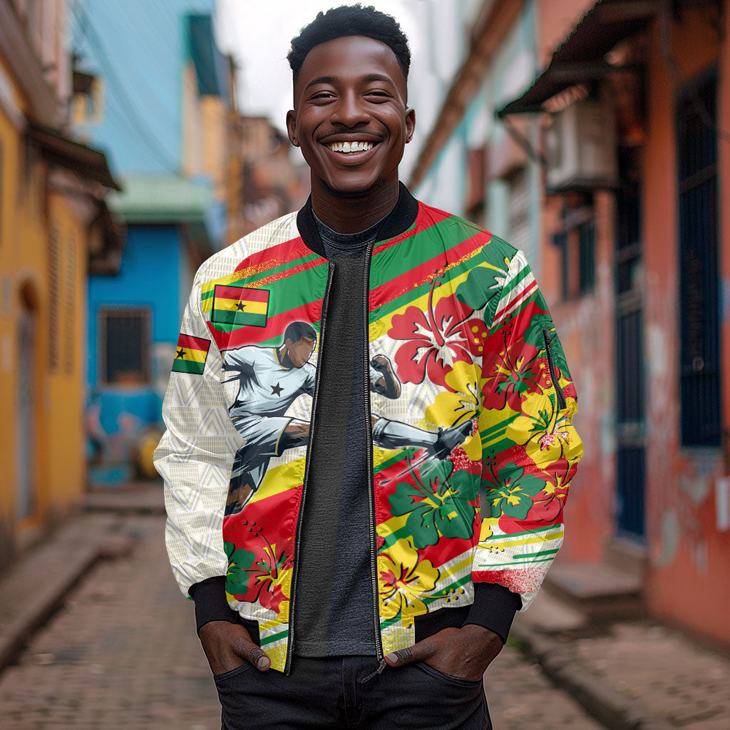 Personalized Ghana Football Sleeve Zip Bomber Jacket Soccer Player Kick - Floral Hibiscus