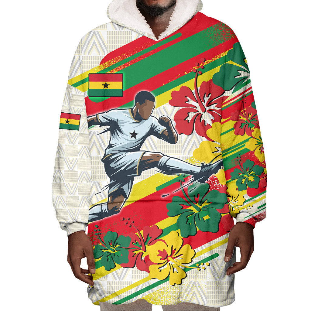 Personalized Ghana Football Wearable Blanket Hoodie Soccer Player Kick - Floral Hibiscus