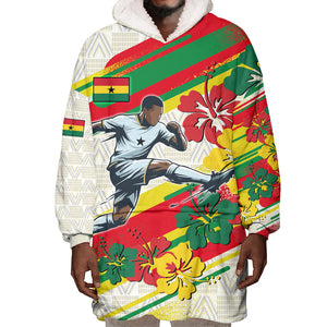 Personalized Ghana Football Wearable Blanket Hoodie Soccer Player Kick - Floral Hibiscus