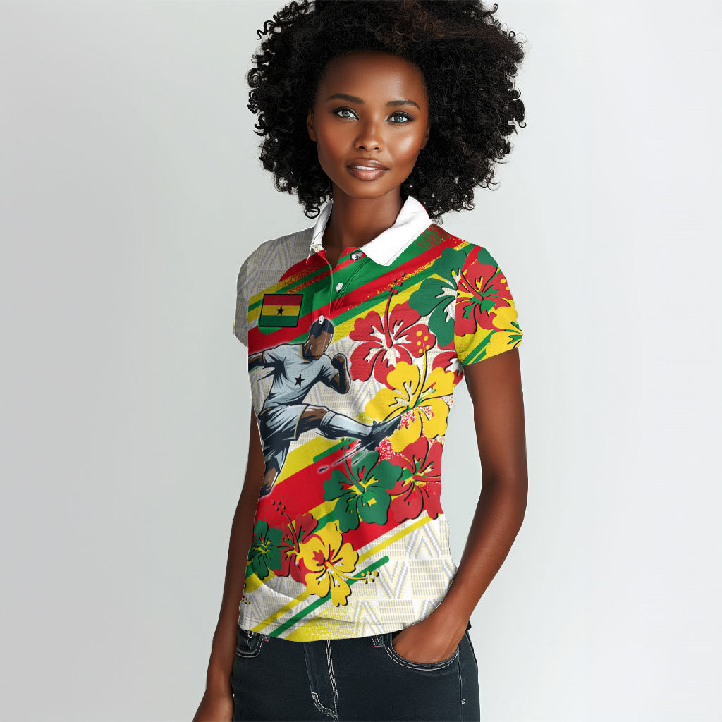 Personalized Ghana Football Women Polo Shirt Soccer Player Kick - Floral Hibiscus