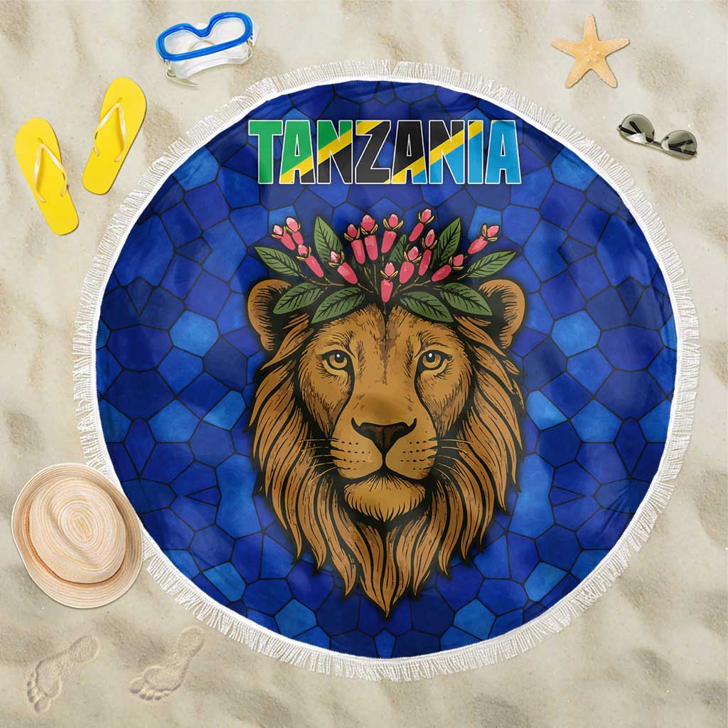 Tanzania Simba Lion Beach Blanket - Floral Crown and Blue Mosaic Design