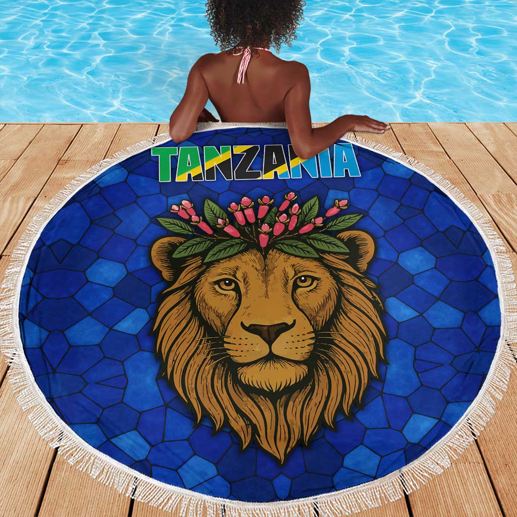 Tanzania Simba Lion Beach Blanket - Floral Crown and Blue Mosaic Design