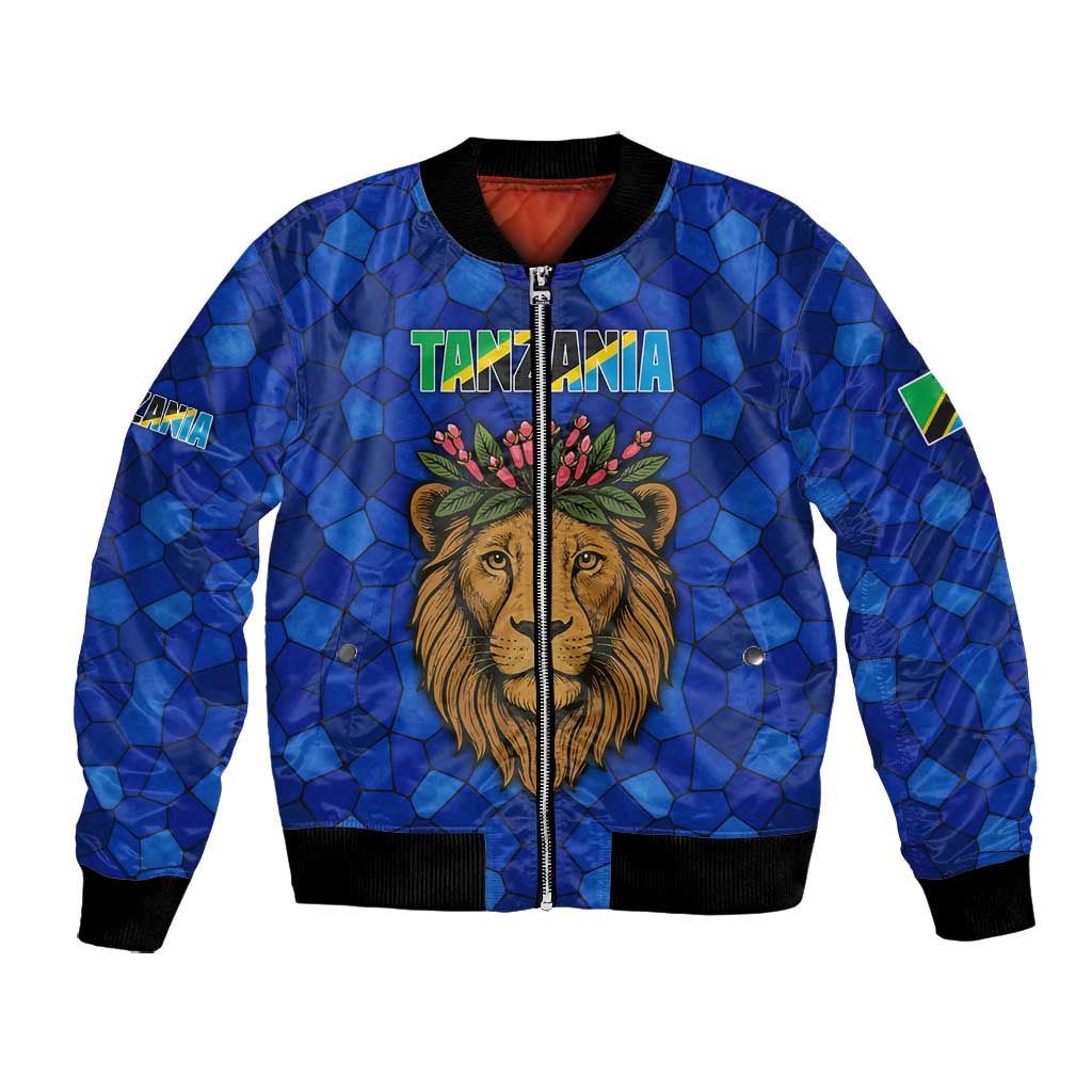 Tanzania Simba Lion Bomber Jacket - Floral Crown and Blue Mosaic Design