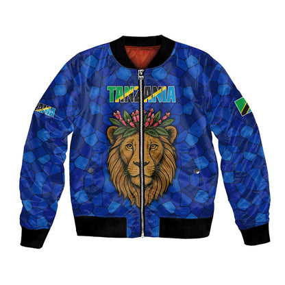 Tanzania Simba Lion Bomber Jacket - Floral Crown and Blue Mosaic Design