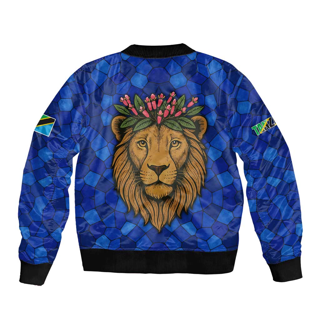 Tanzania Simba Lion Bomber Jacket - Floral Crown and Blue Mosaic Design