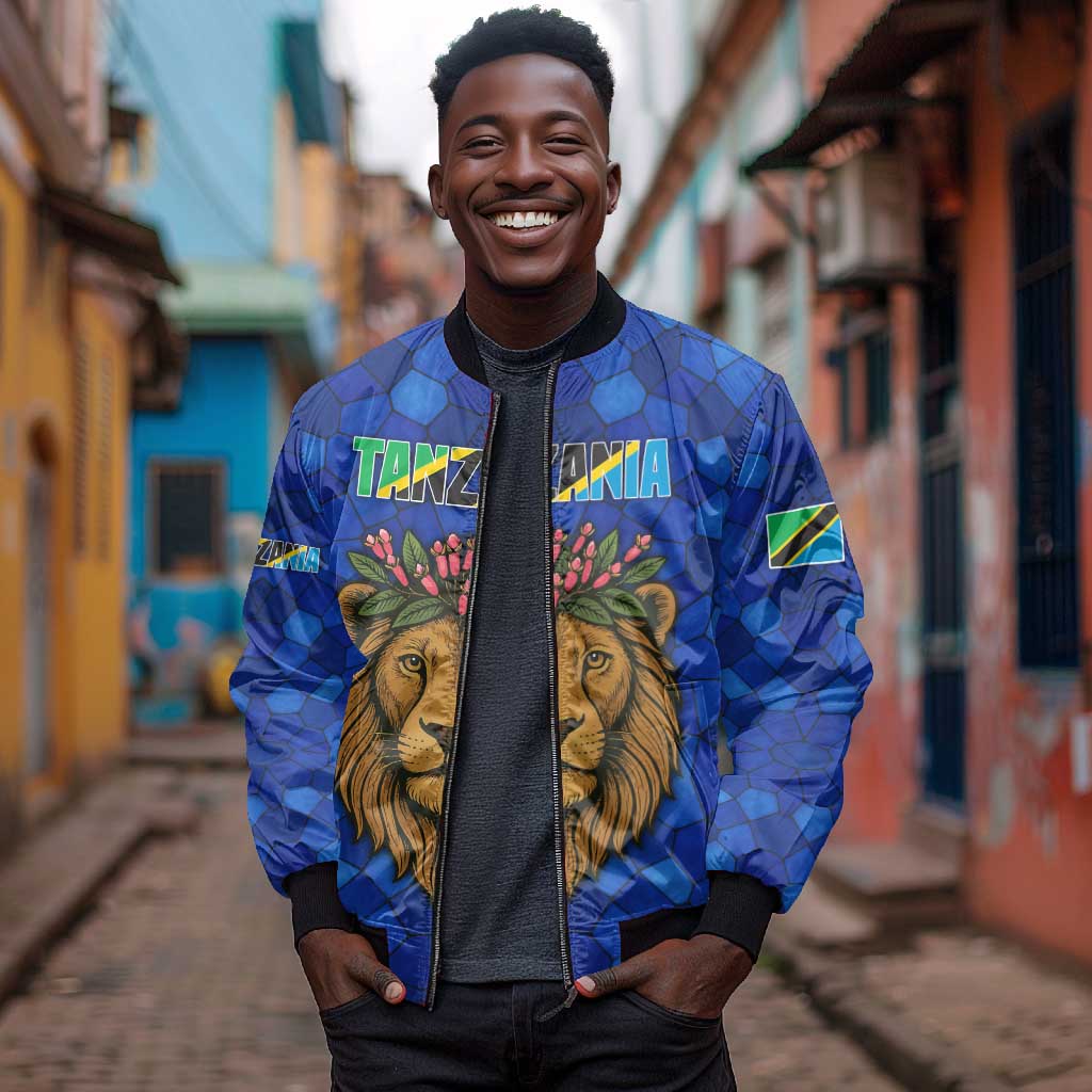 Tanzania Simba Lion Bomber Jacket - Floral Crown and Blue Mosaic Design