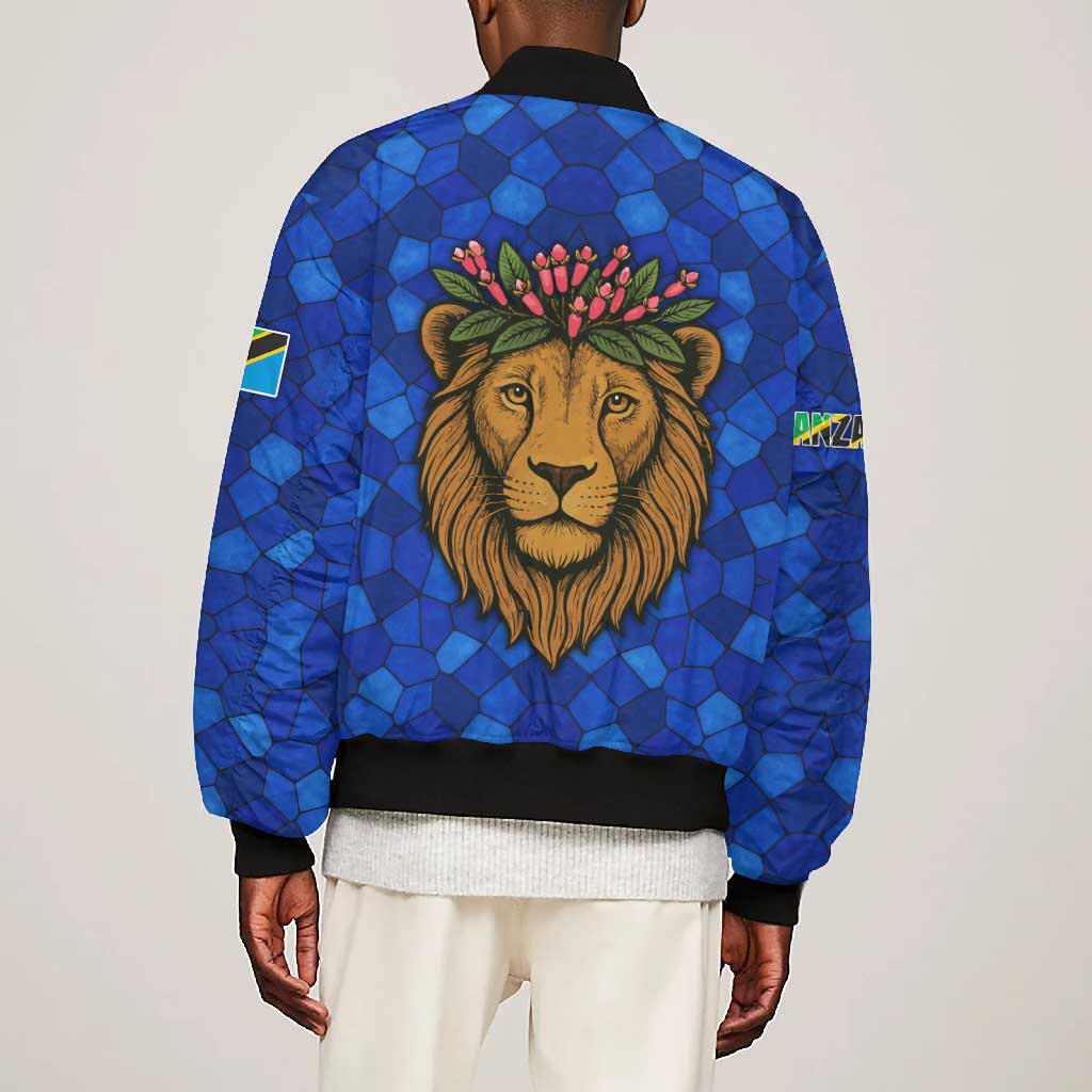 Tanzania Simba Lion Bomber Jacket - Floral Crown and Blue Mosaic Design