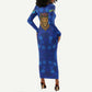Tanzania Simba Lion Long Sleeve Bodycon Dress - Floral Crown and Blue Mosaic Design