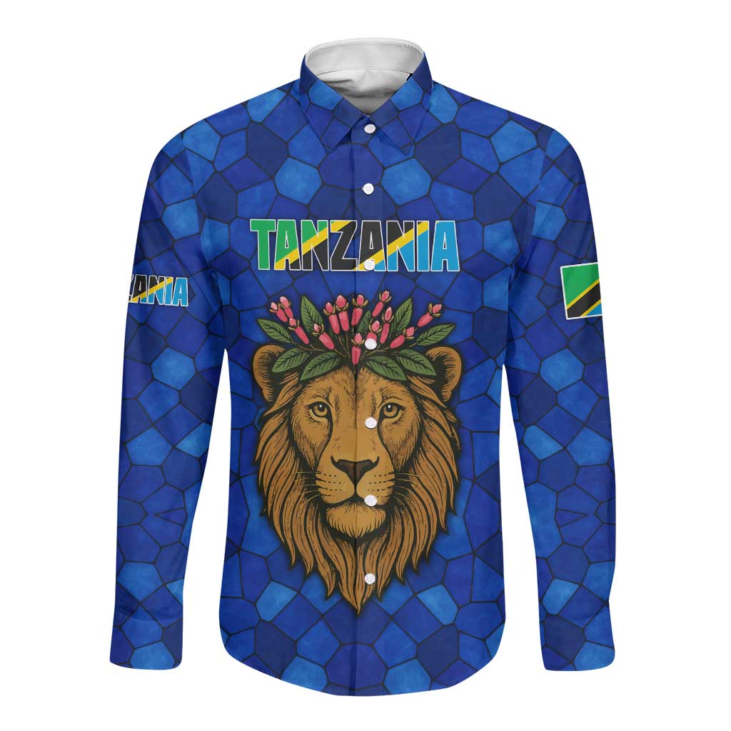 Tanzania Simba Lion Long Sleeve Button Shirt - Floral Crown and Blue Mosaic Design