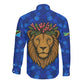 Tanzania Simba Lion Long Sleeve Button Shirt - Floral Crown and Blue Mosaic Design