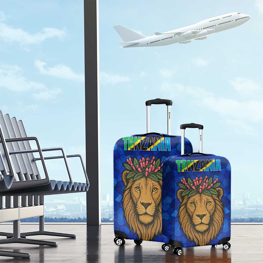 Tanzania Simba Lion Luggage Cover - Floral Crown and Blue Mosaic Design