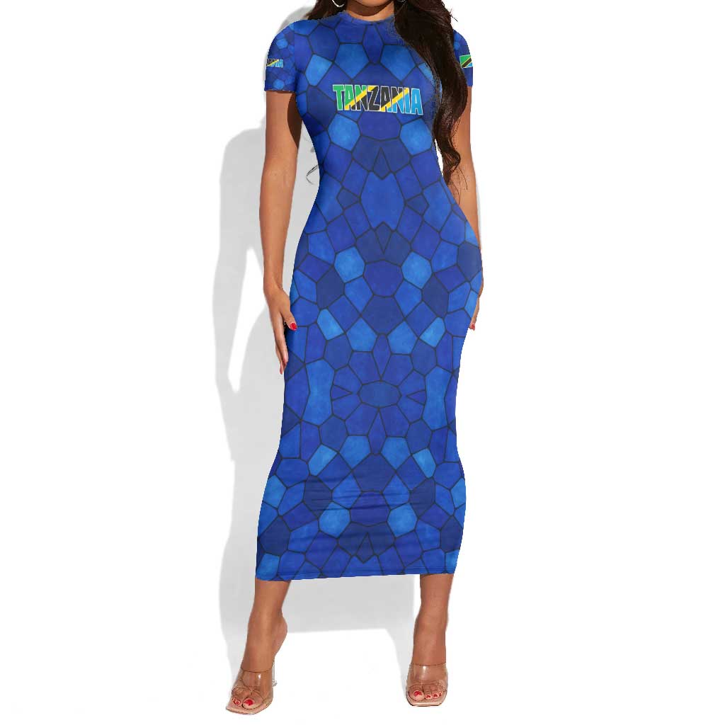 Tanzania Simba Lion Short Sleeve Bodycon Dress - Floral Crown and Blue Mosaic Design