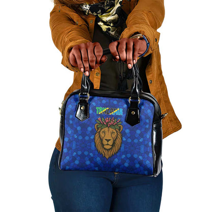 Tanzania Simba Lion Shoulder Handbag - Floral Crown and Blue Mosaic Design