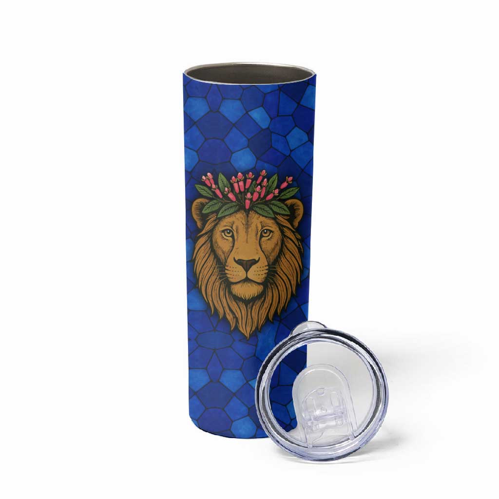 Tanzania Simba Lion Skinny Tumbler - Floral Crown and Blue Mosaic Design