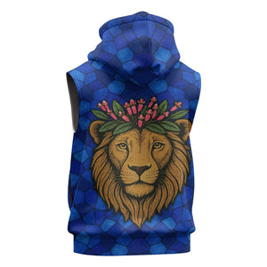 Tanzania Simba Lion Sleeveless Hoodie - Floral Crown and Blue Mosaic Design - African Pride