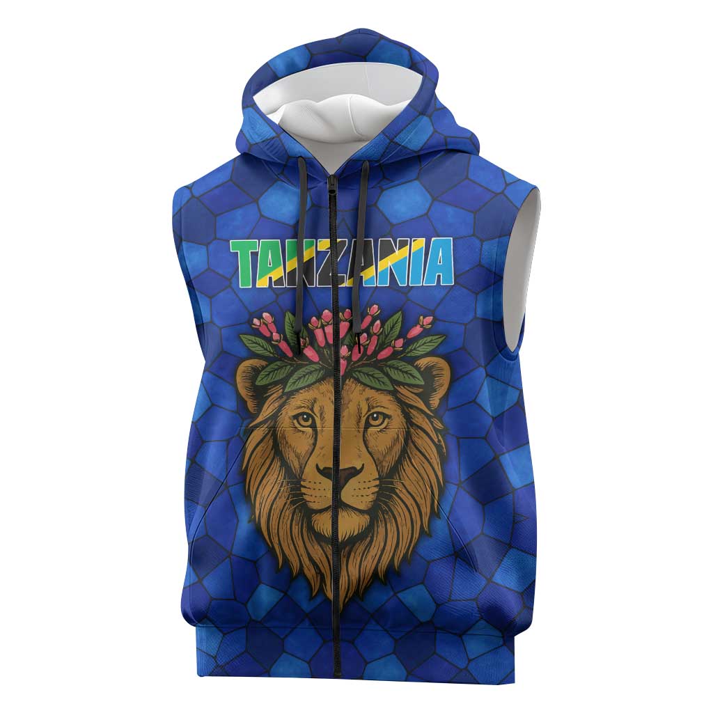 Tanzania Simba Lion Sleeveless Zip Hoodie - Floral Crown and Blue Mosaic Design - African Pride