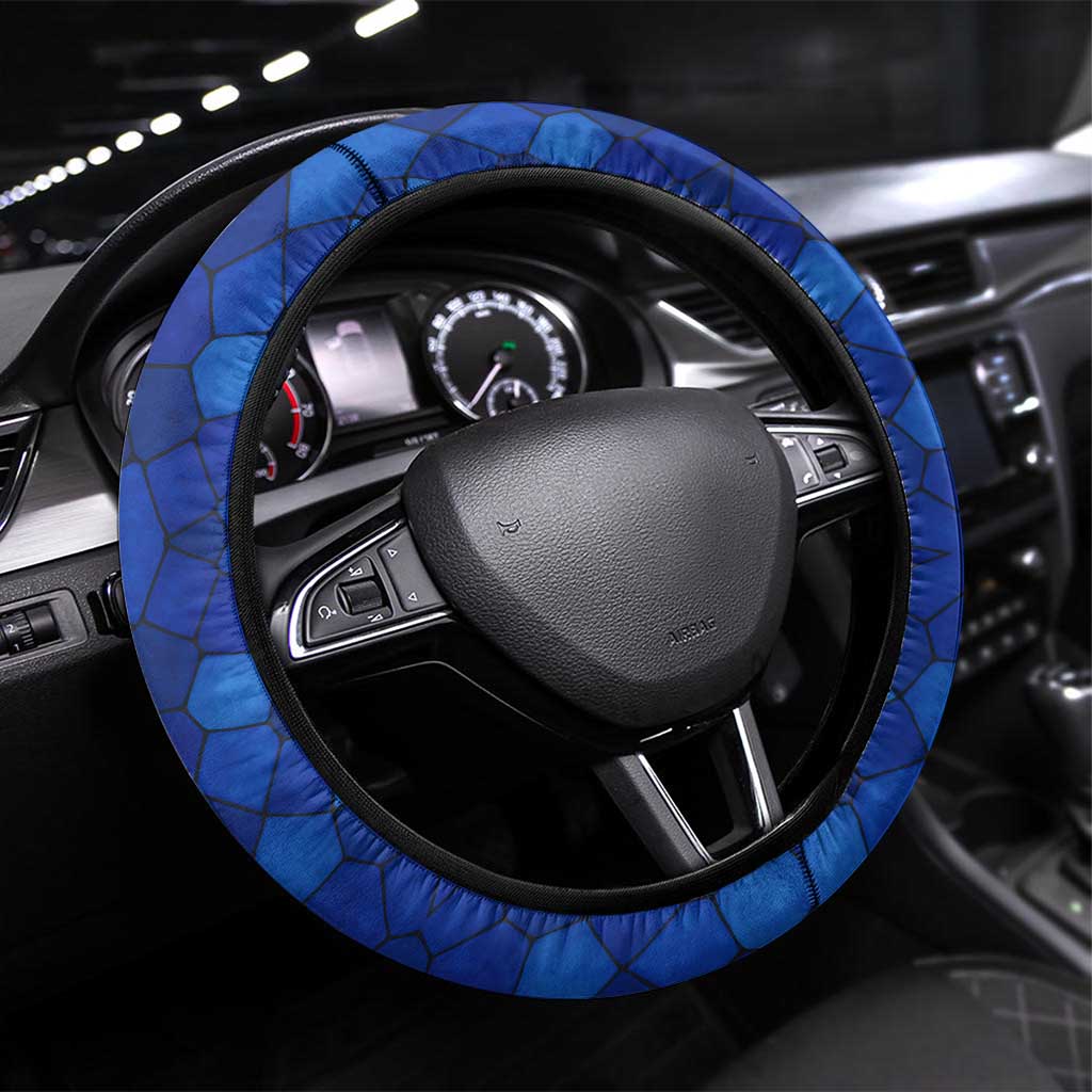 Tanzania Simba Lion Steering Wheel Cover - Floral Crown and Blue Mosaic Design