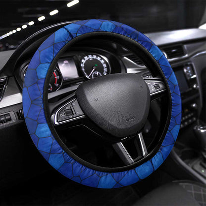 Tanzania Simba Lion Steering Wheel Cover - Floral Crown and Blue Mosaic Design