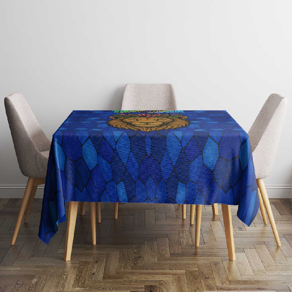 Tanzania Simba Lion Tablecloth - Floral Crown and Blue Mosaic Design