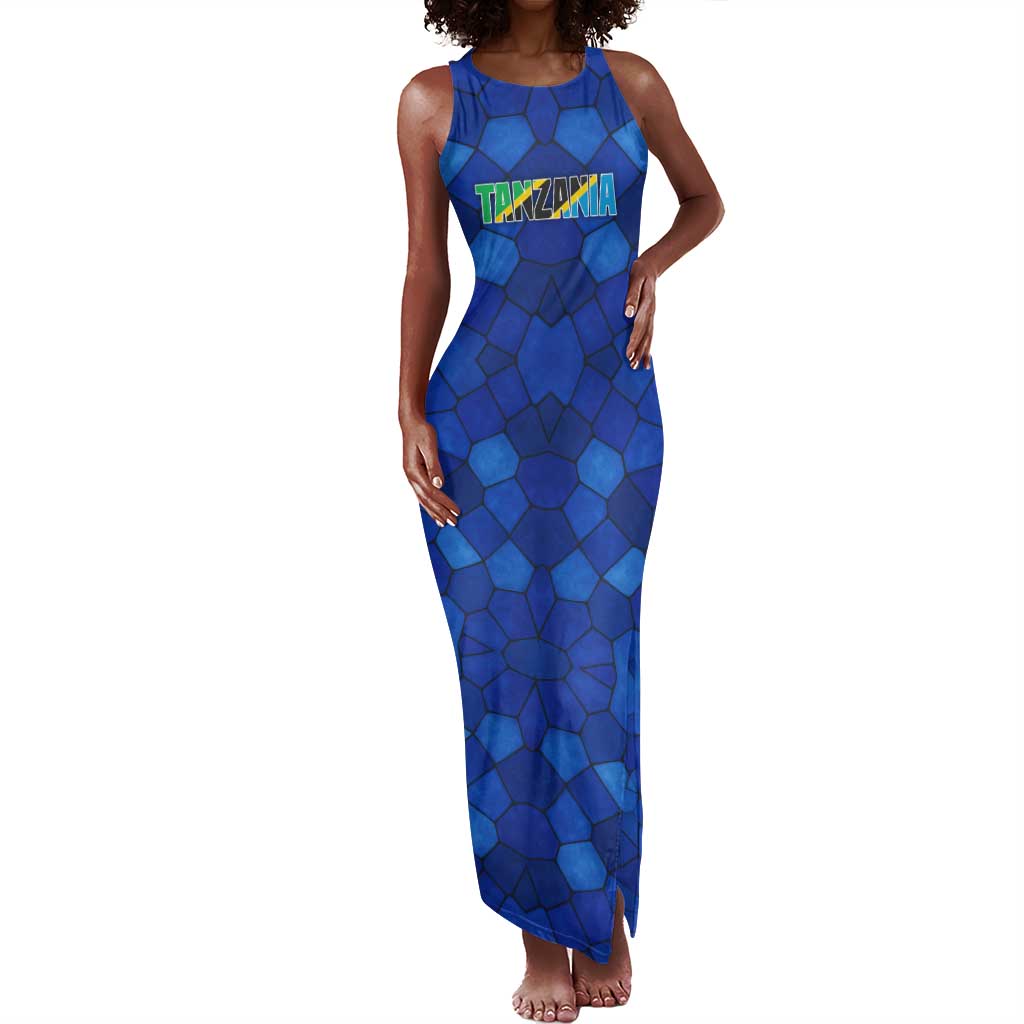 Tanzania Simba Lion Tank Maxi Dress - Floral Crown and Blue Mosaic Design