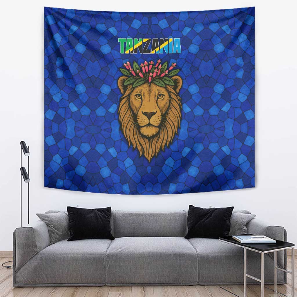 Tanzania Simba Lion Tapestry - Floral Crown and Blue Mosaic Design