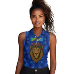Tanzania Simba Lion Women Sleeveless Polo Shirt - Floral Crown and Blue Mosaic Design
