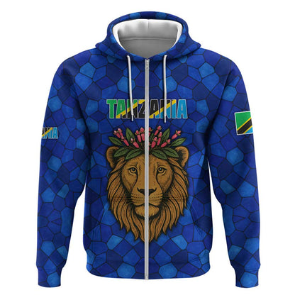 Tanzania Simba Lion Zip Hoodie - Floral Crown and Blue Mosaic Design