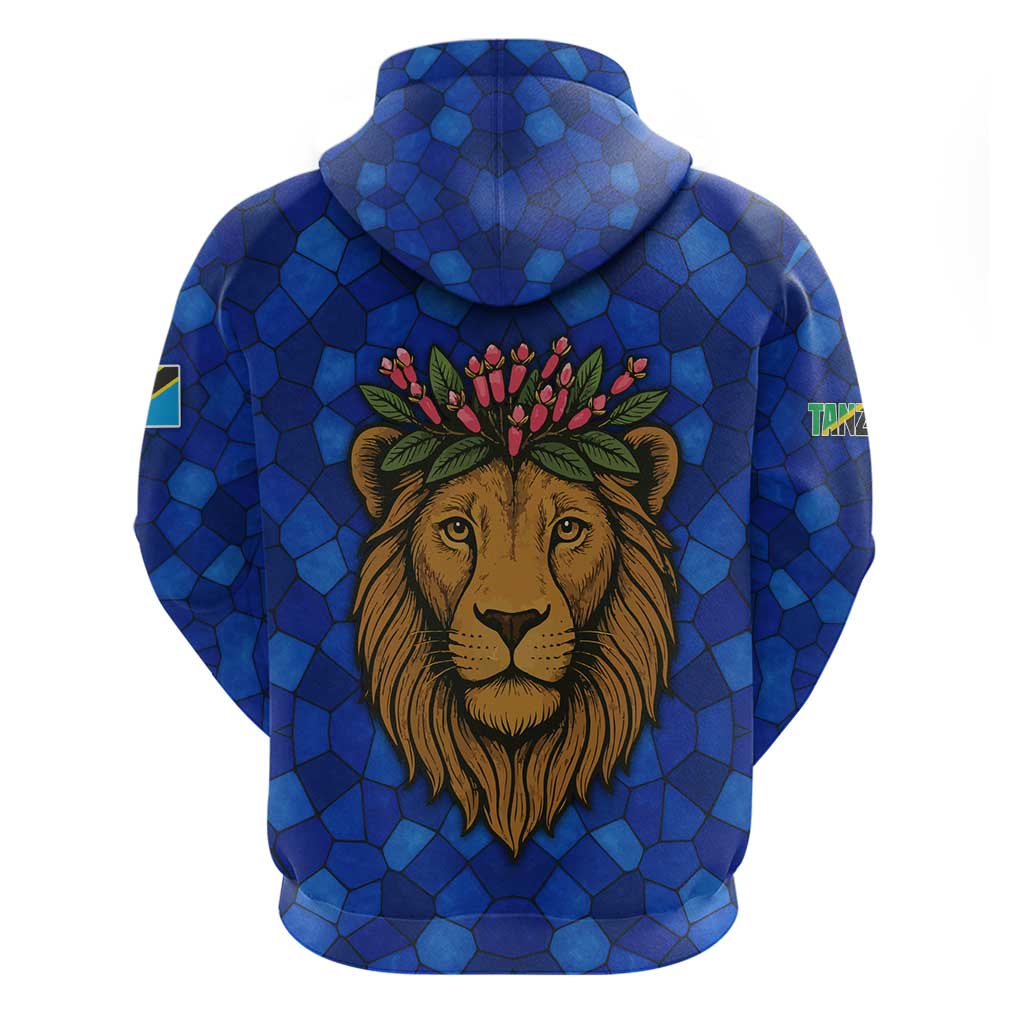 Tanzania Simba Lion Zip Hoodie - Floral Crown and Blue Mosaic Design