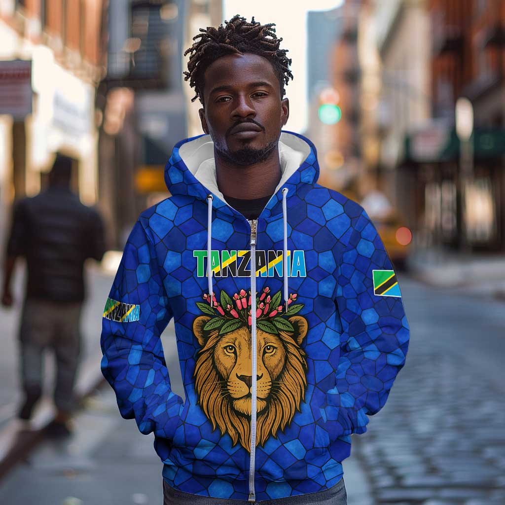 Tanzania Simba Lion Zip Hoodie - Floral Crown and Blue Mosaic Design