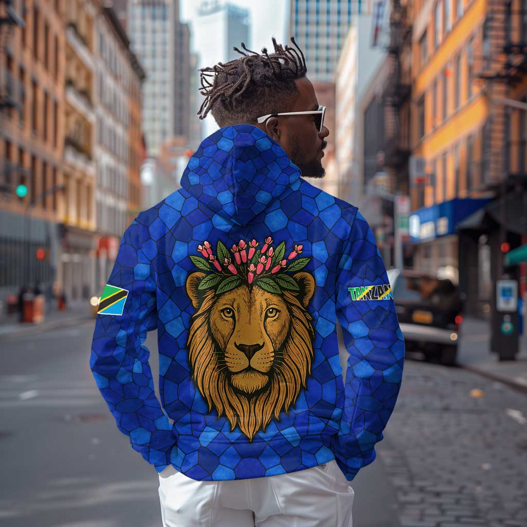 Tanzania Simba Lion Zip Hoodie - Floral Crown and Blue Mosaic Design