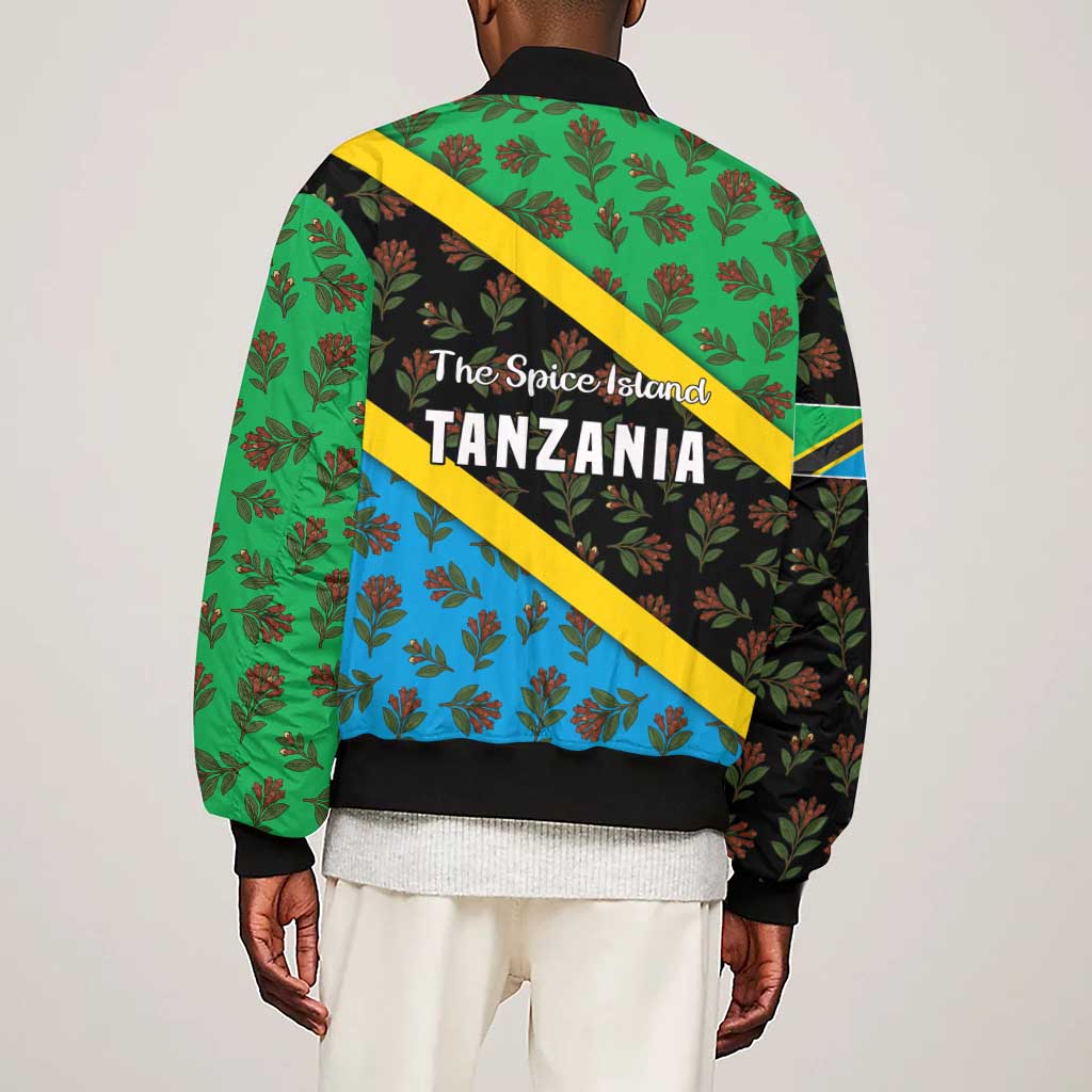 Tanzania Spice Island Sleeve Zip Bomber Jacket with Clove Leaf Pattern and National Flag Colors