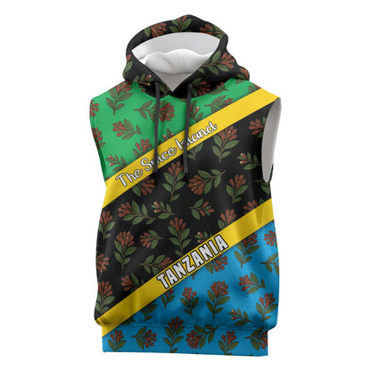 Tanzania Spice Island Sleeveless Hoodie with Clove Leaf Pattern and National Flag Colors - African Pride