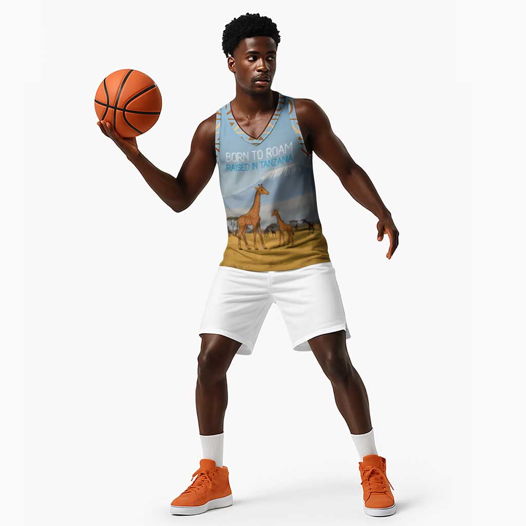 Tanzania Safari Giraffe Basketball Jersey - Tribal Patterns and Mount Kilimanjaro Scene TS04
