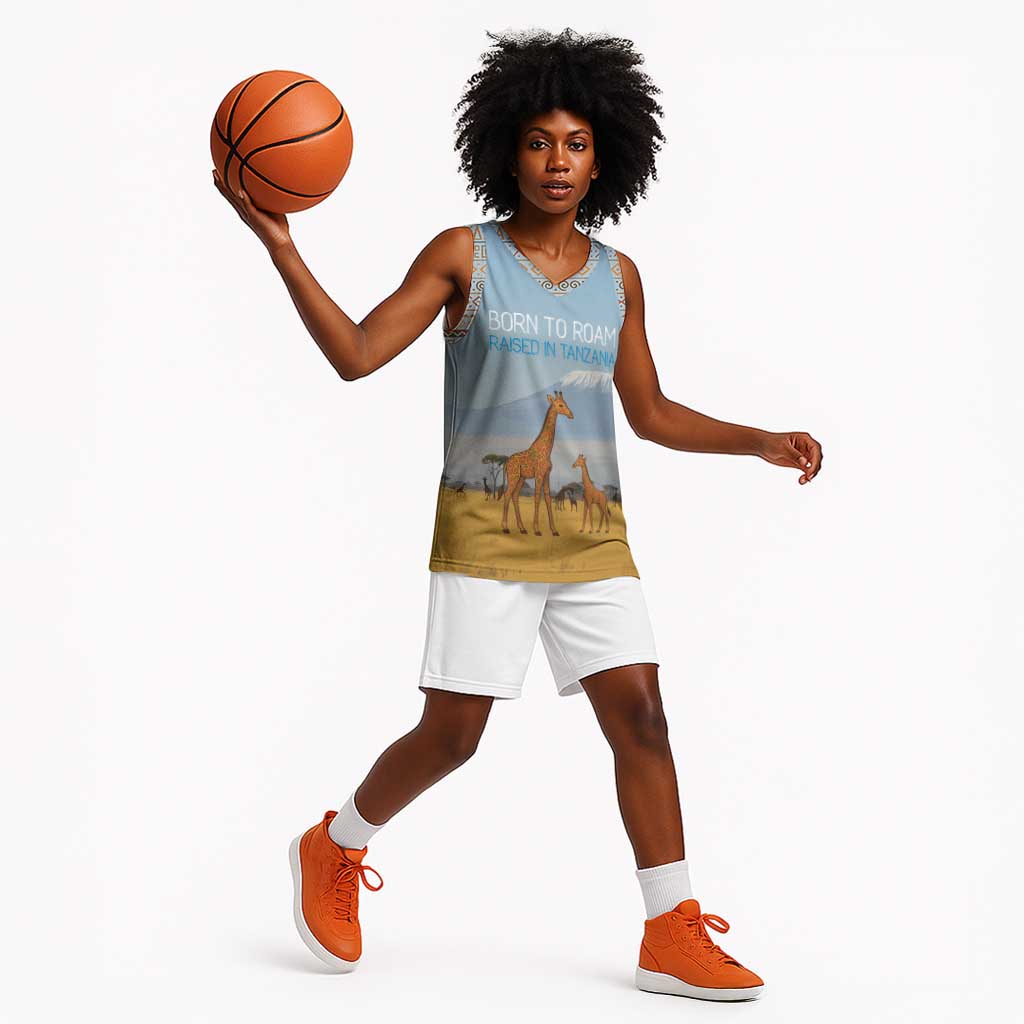 Tanzania Safari Giraffe Basketball Jersey - Tribal Patterns and Mount Kilimanjaro Scene TS04