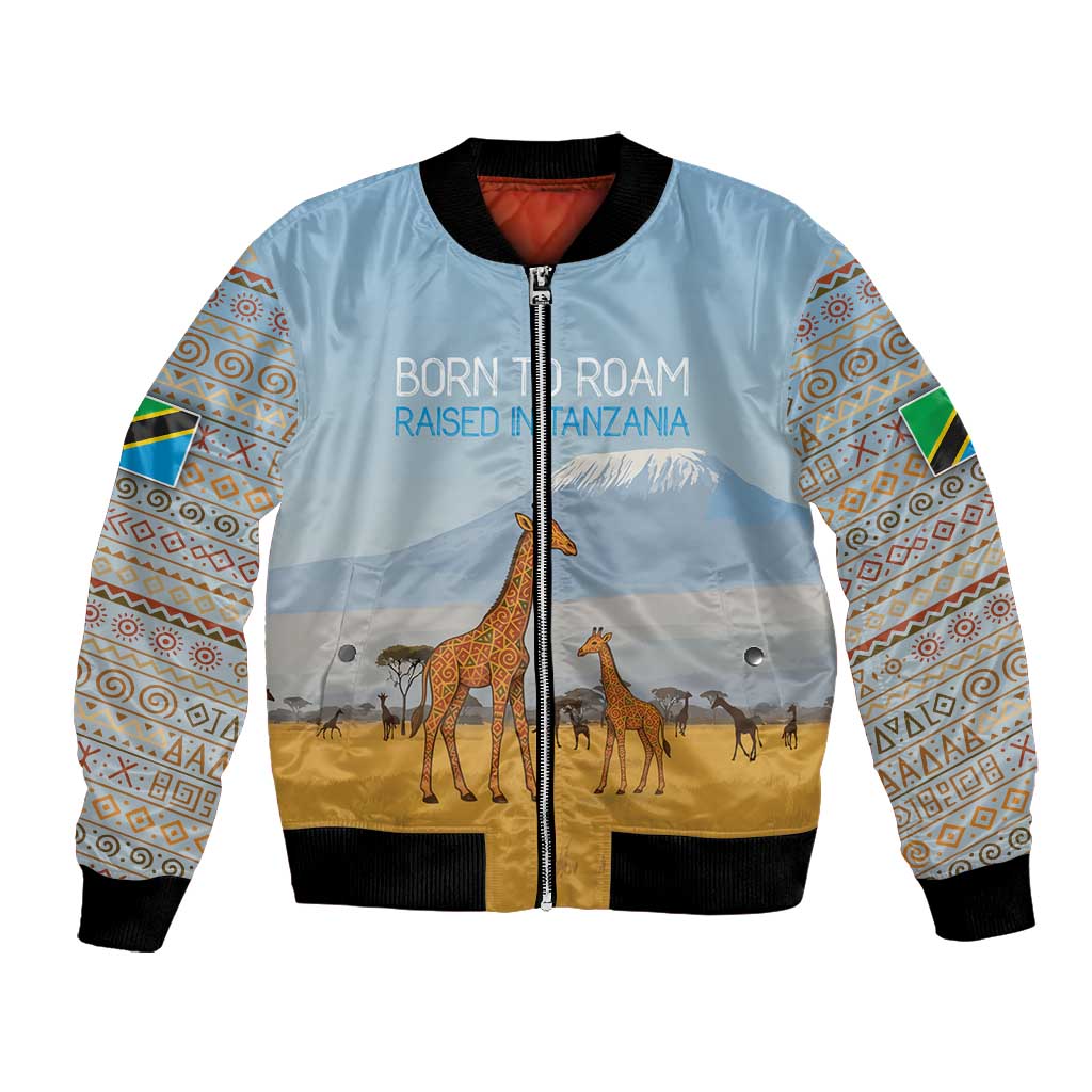 Tanzania Safari Giraffe Bomber Jacket - Tribal Patterns and Mount Kilimanjaro Scene