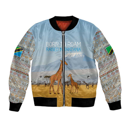Tanzania Safari Giraffe Bomber Jacket - Tribal Patterns and Mount Kilimanjaro Scene