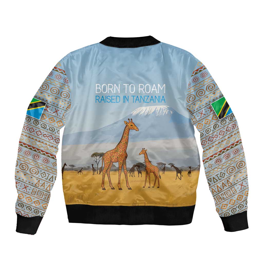 Tanzania Safari Giraffe Bomber Jacket - Tribal Patterns and Mount Kilimanjaro Scene