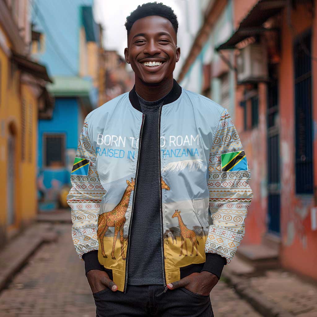 Tanzania Safari Giraffe Bomber Jacket - Tribal Patterns and Mount Kilimanjaro Scene
