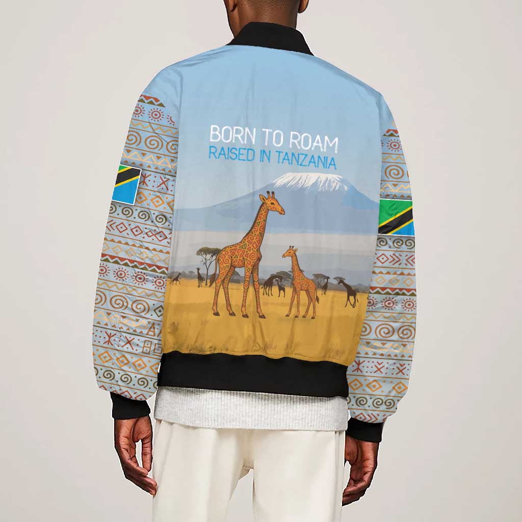 Tanzania Safari Giraffe Bomber Jacket - Tribal Patterns and Mount Kilimanjaro Scene