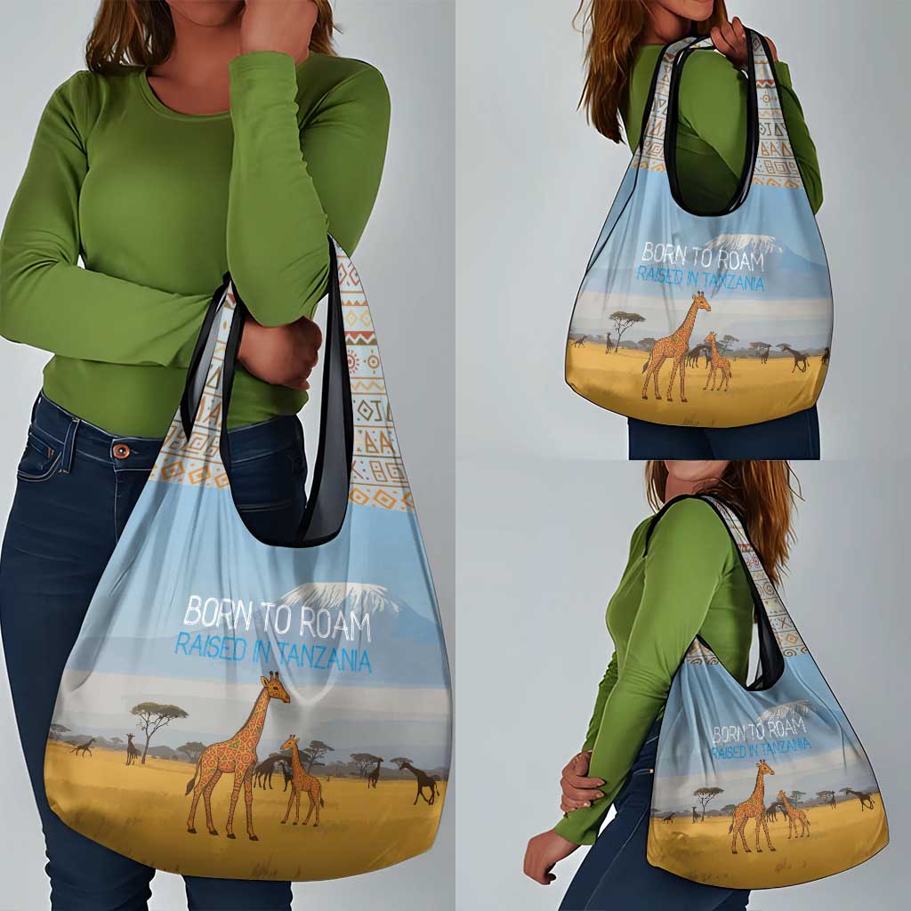 Tanzania Safari Giraffe Grocery Bag - Tribal Patterns and Mount Kilimanjaro Scene
