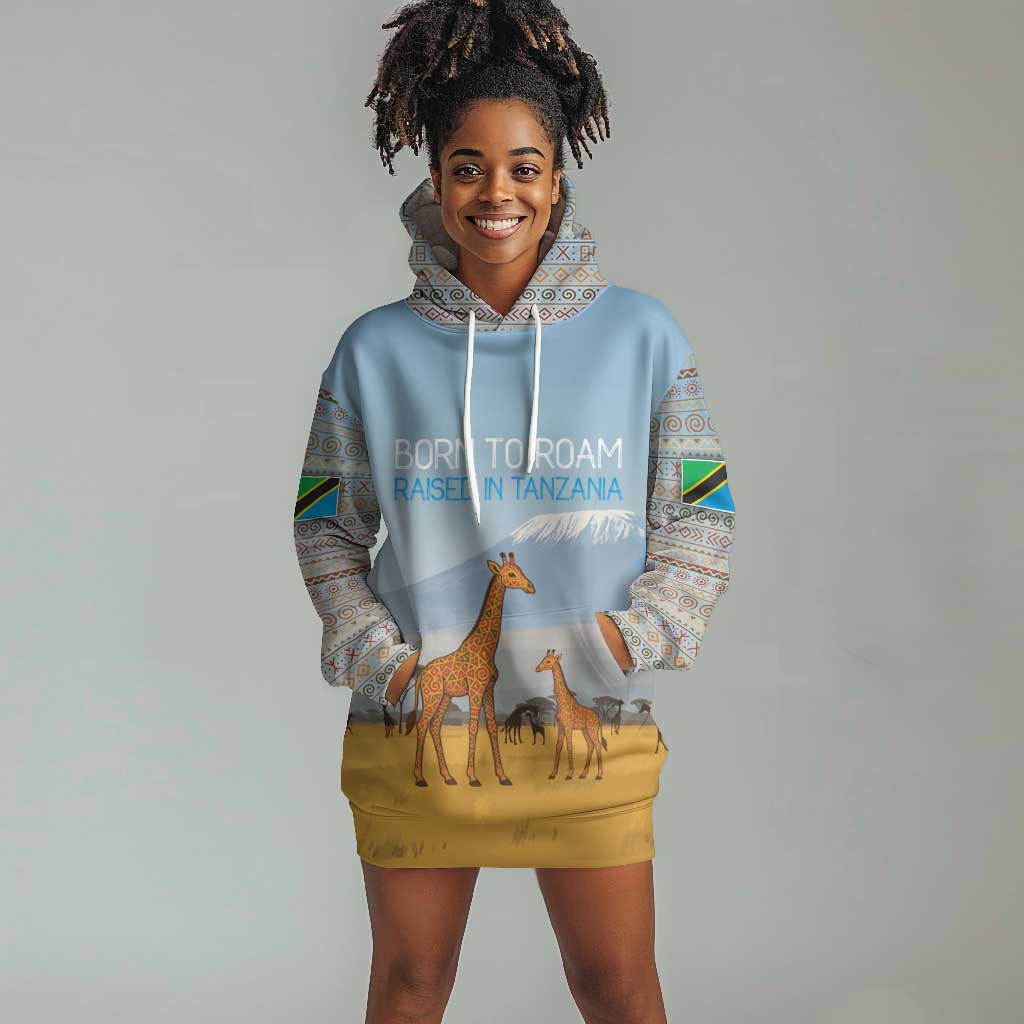 Tanzania Safari Giraffe Hoodie Dress - Tribal Patterns and Mount Kilimanjaro Scene