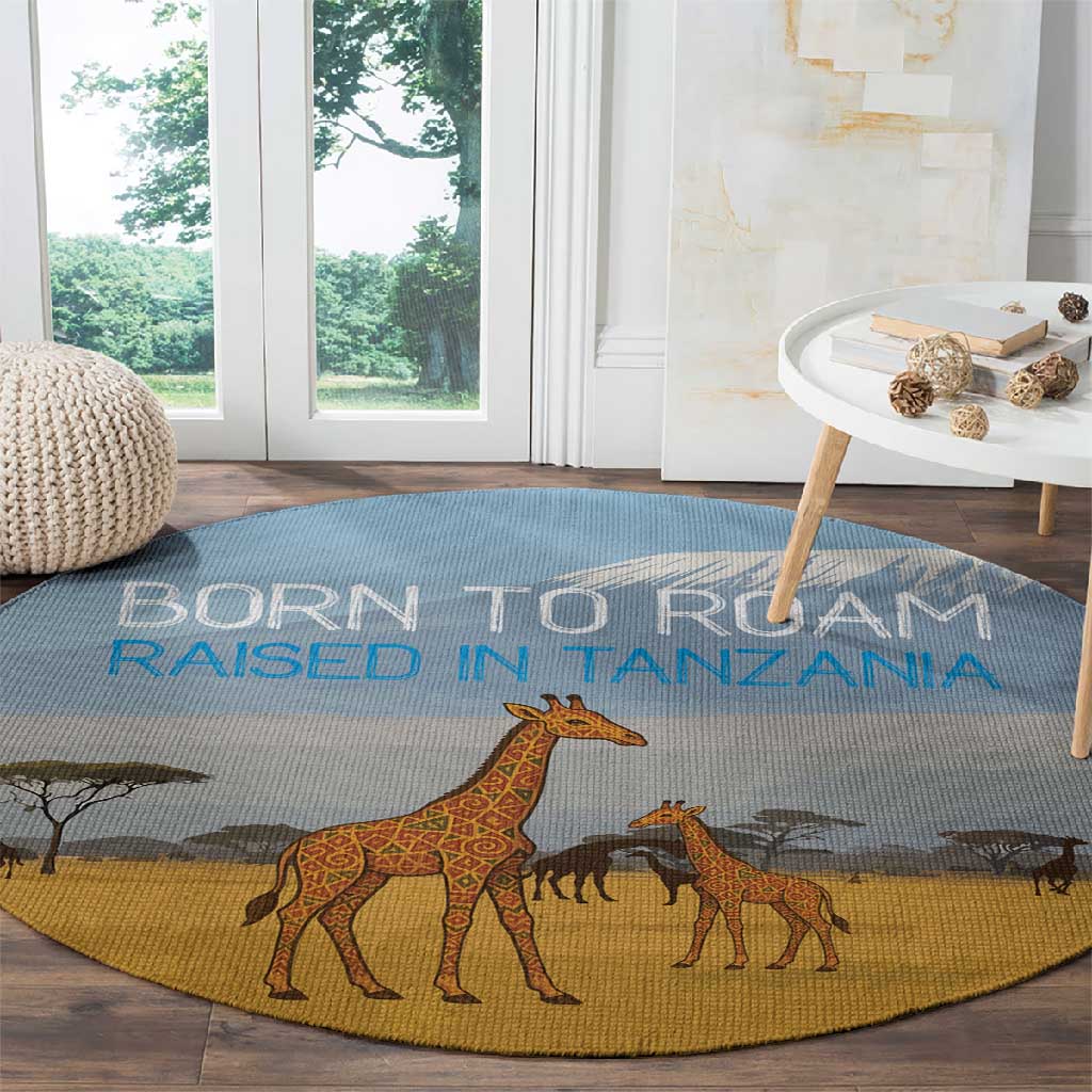 Tanzania Safari Giraffe Round Carpet - Tribal Patterns and Mount Kilimanjaro Scene