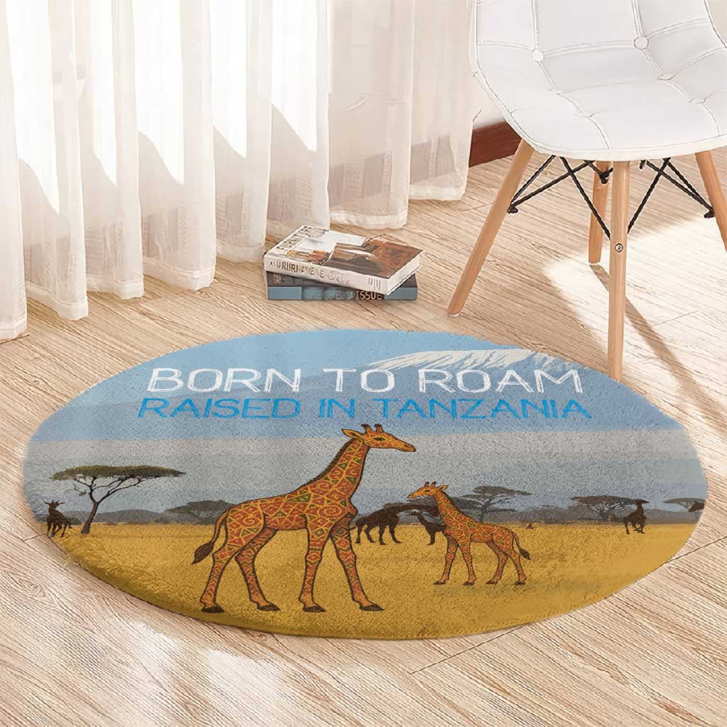 Tanzania Safari Giraffe Round Carpet - Tribal Patterns and Mount Kilimanjaro Scene