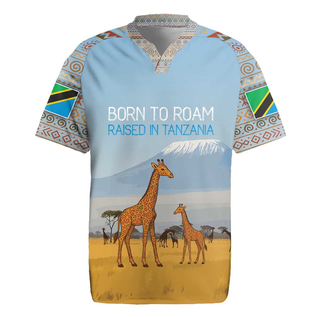 Tanzania Safari Giraffe Rugby Jersey - Tribal Patterns and Mount Kilimanjaro Scene