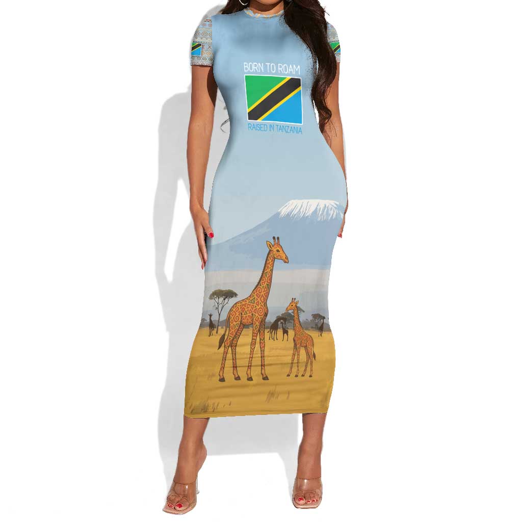 Tanzania Safari Giraffe Short Sleeve Bodycon Dress - Tribal Patterns and Mount Kilimanjaro Scene