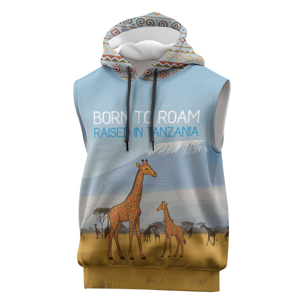 Tanzania Safari Giraffe Sleeveless Hoodie - Tribal Patterns and Mount Kilimanjaro Scene - African Pride
