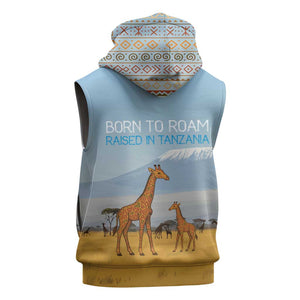 Tanzania Safari Giraffe Sleeveless Zip Hoodie - Tribal Patterns and Mount Kilimanjaro Scene - African Pride