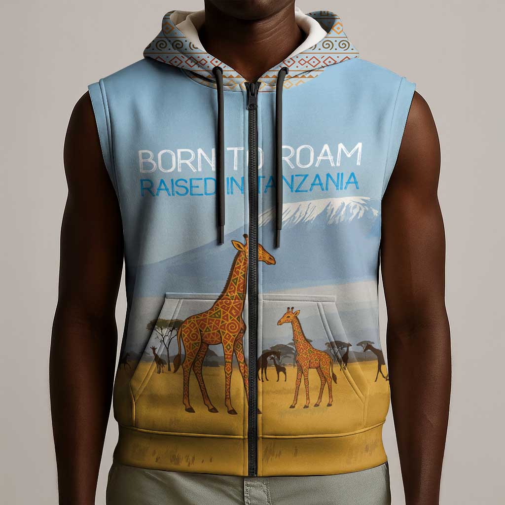 Tanzania Safari Giraffe Sleeveless Zip Hoodie - Tribal Patterns and Mount Kilimanjaro Scene - African Pride