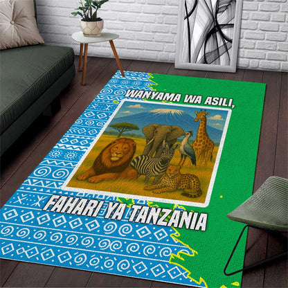 Tanzania Wildlife Area Rug - Tribal Print and Mount Kilimanjaro Safari Scene
